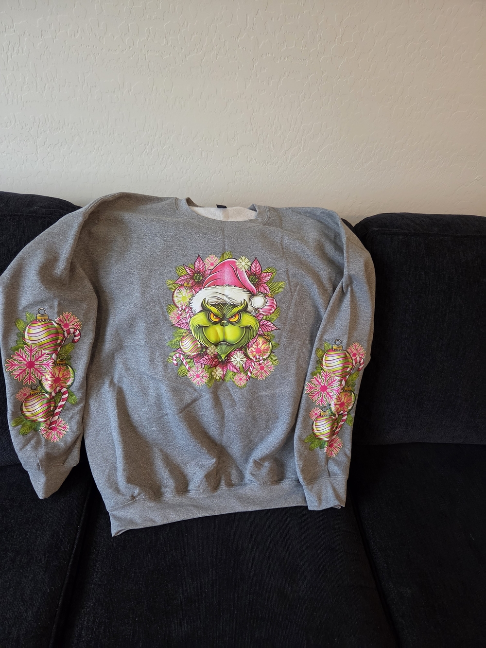 Gildan Gray Crewneck Sweatshirt with Pink & Green Grinch Graphic